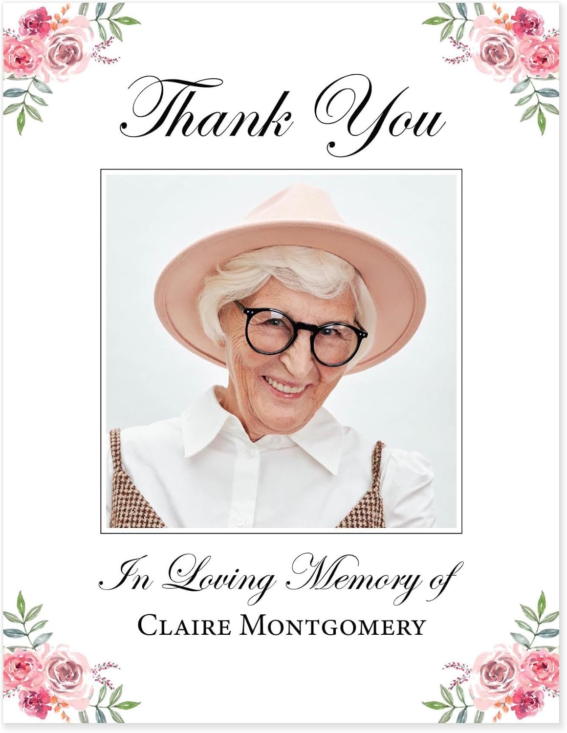 Sympathy Thank You Photo Cards, Flat Personalized Pink and Mauve Floral Memorial Thank You Notes with Envelopes - Custom Acknowledgement Cards to Honor a Loved One - 4.25x5.5