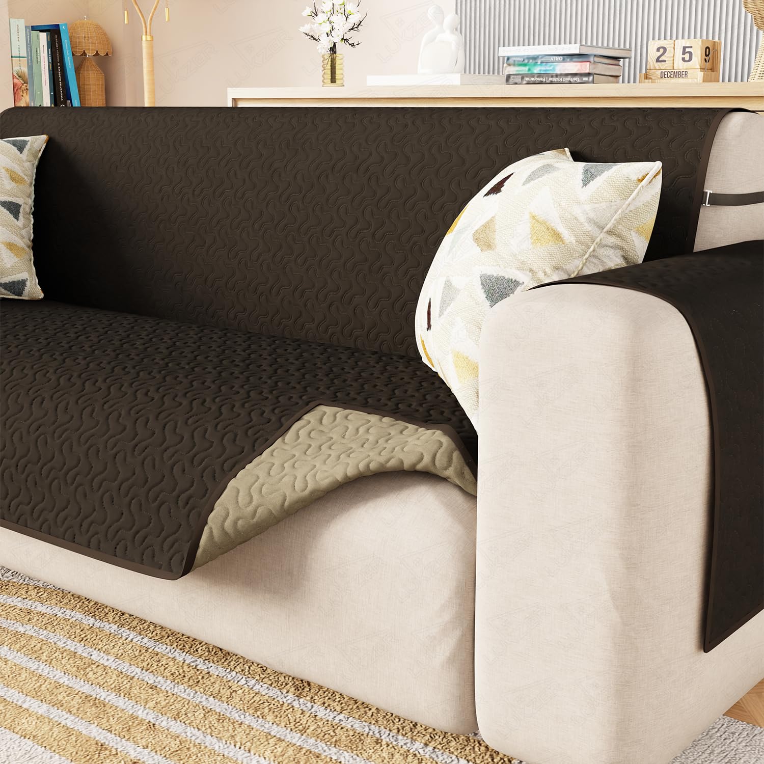 Lukzer 4 Seater Quilted Reversible Sofa Mat with Storage Side Pocket - Stipple Dark Brown | 350 GSM Polyester Blend Full Coverage with Arms | Machine Washable Sofa Runner (210-220CM/SC-207-04)-image-26