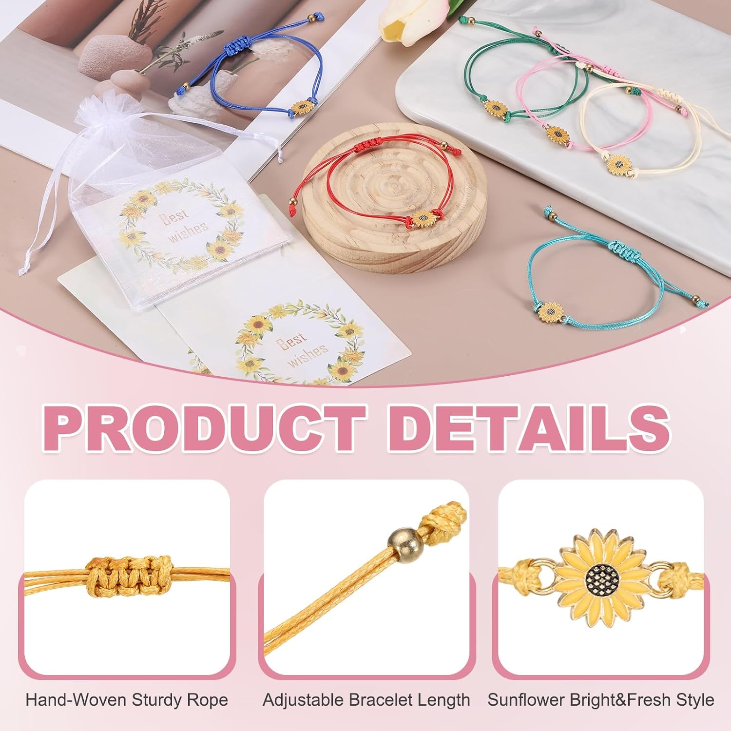 MECCANIXITY Sunflower Bracelet Bohemia Surf Friendship Bracelet Adjustable Sunflower Braided Rope String Set with Card & Mesh Bag