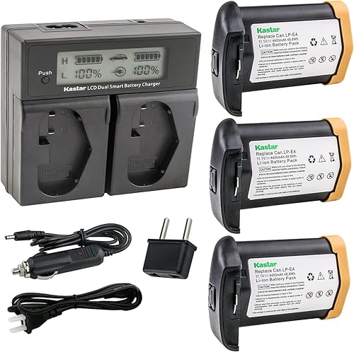Kastar Paquete de 3 baterías LPE4 de 11.1 V 4400 mAh y AC LCD cargador rápido dual compatible con Canon LP-E4 LPE4, batería US 5751B002, cargador