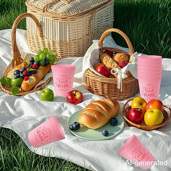 Usumz Berry Sweet Baby Plastic Cups A Berry Sweet Baby Is on the Way Decorations 16oz Pink Strawberry 1st Birthday Reusable Cups 12Pcs
