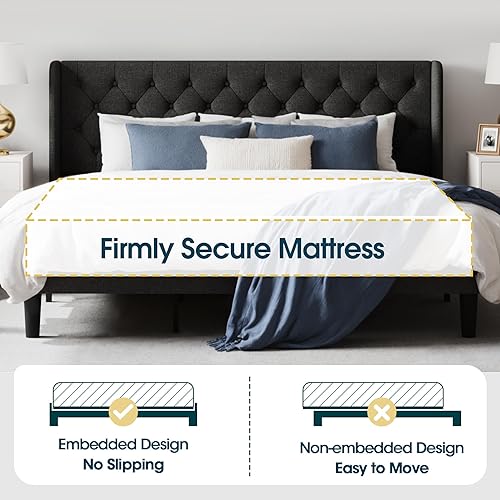 Miniatura 21 de WEEWAY Base de cama tapizada tamaño Queen con cabecera copetuda con respaldo de alas, plataforma moderna con soporte de listones de madera, fácil