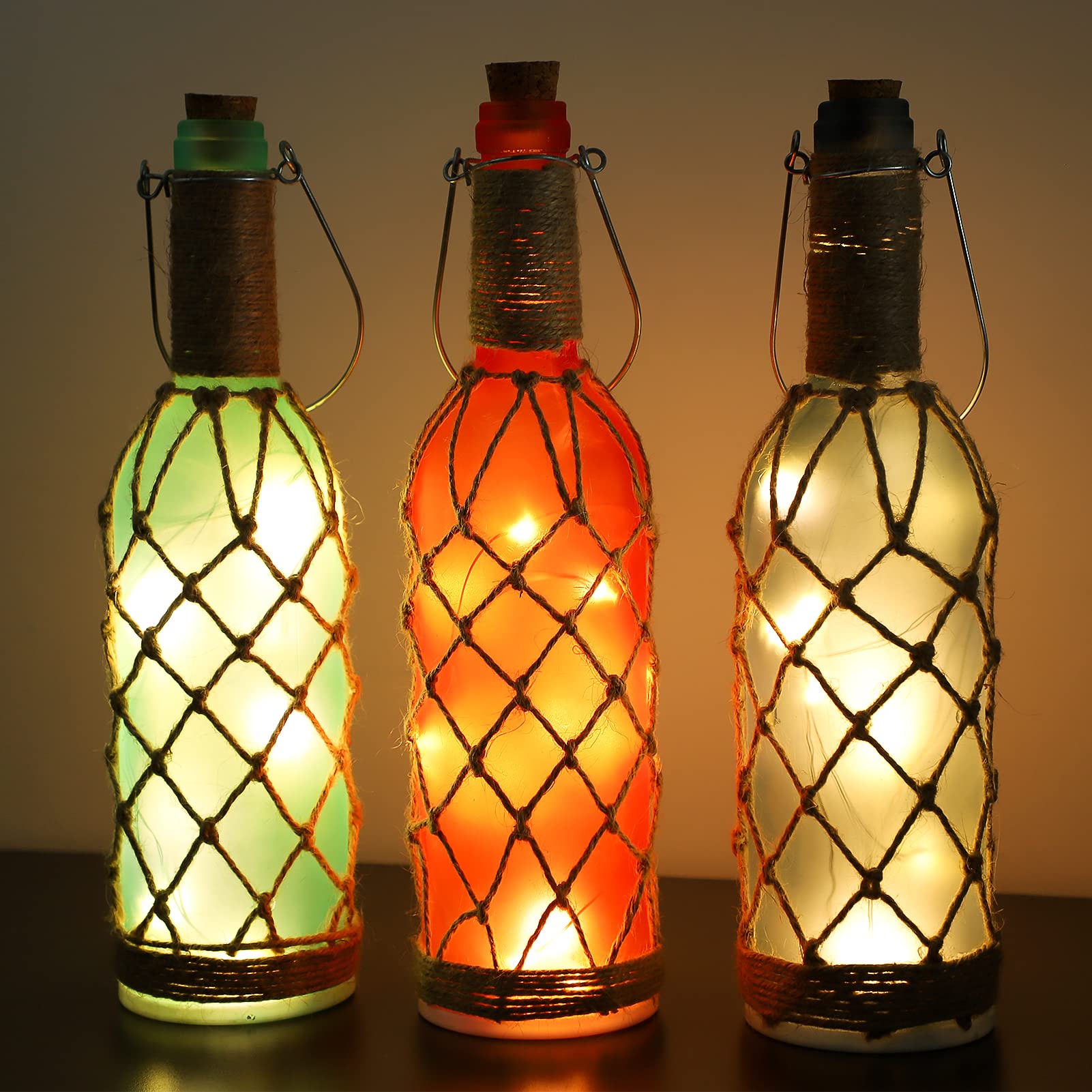 Holitown Decorative Handicraft Wine Bottle Lights Hemp Rope Net Style Bottle with 15LEDs Inside Battery Operated Indoor Lights Birthday Gifts Coffe Bar Desk Lamp Hang or Lay for Bedroom Party Decor