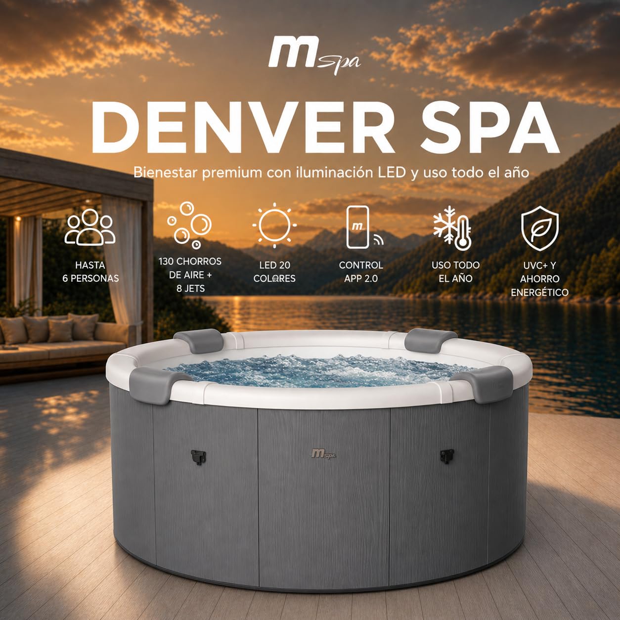 MSpa Denver SPA rígido Circular 4-6 Personas con Jets EcoPulse, Burbujas Air Jet, calefacción, LED, ozono y desinfección UVC+