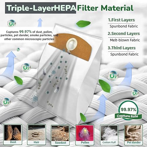 Miniatura 3 de Paquete de 10 bolsas de polvo de vellón para aspiradora FLEX de 24 V sin escobillas, 1.6 galones, bolsas de repuesto HEPA FT522 con filtración de