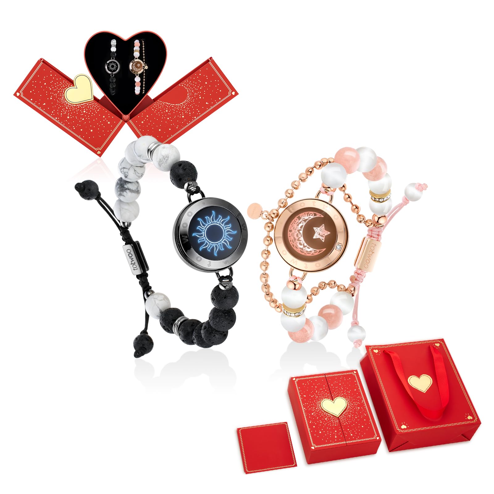 TOTWOO Long Distance Touch Bracelets for Couples, Smart Light up & Vibration for Love Couples Healing Stone Bracelet | Long Distance Relationship Gifts for Girlfriend Bluetooth Pairing Jewelry, One