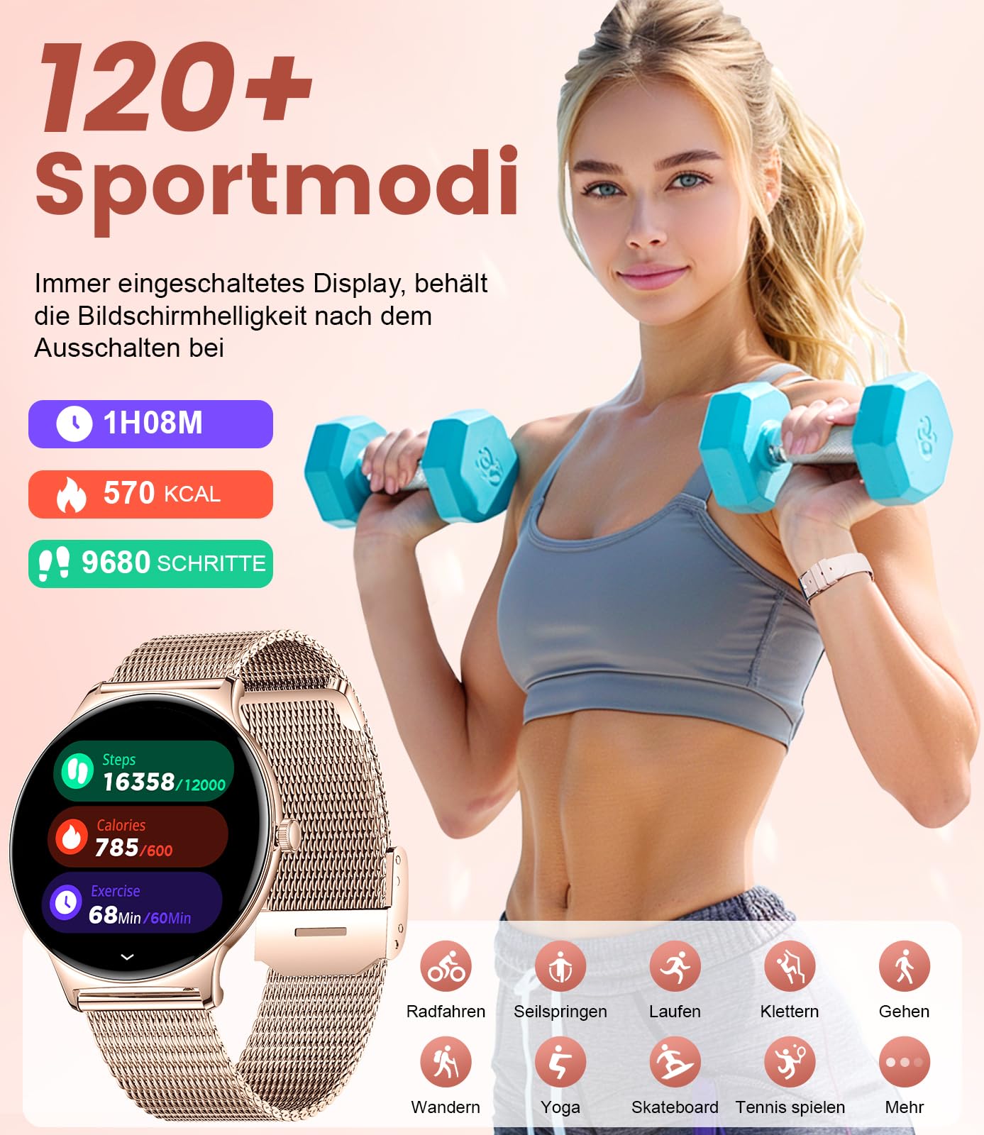 LIGE Women's Smartwatch (2 Bracelets), 1.43 Inch HD AMOLED Smartwatch with Phone Function, Fitness Watch, Rose Gold Sports Watch with 120 Sports Modes, Sleep Tracking, Menstrual Cycle, IP68