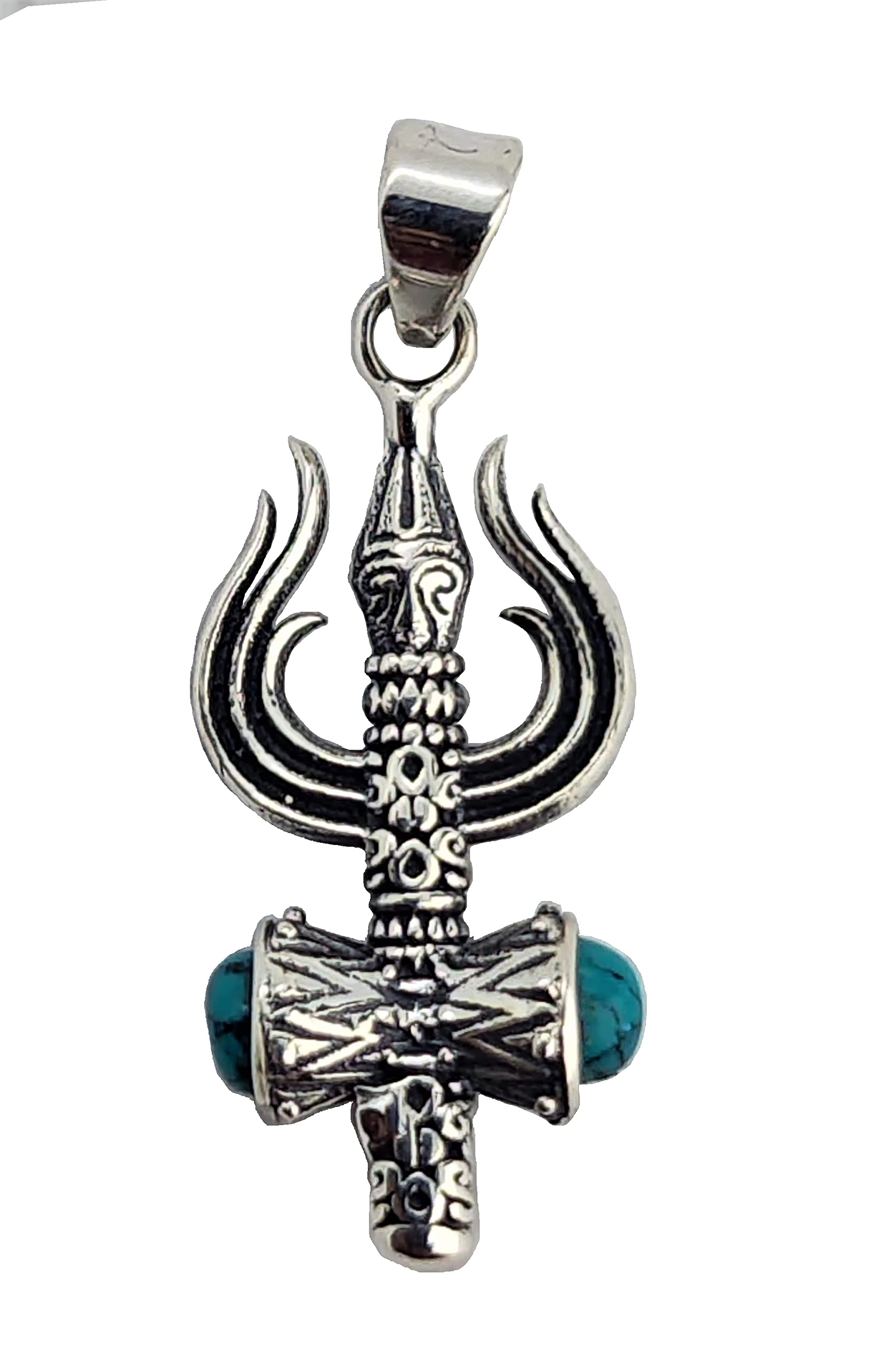 Silvertree925 Religious TRISHUL with Real Turquoise Gemstone Lite Pendant for Men & Women IN PURE Sterling Silver (ST1275)