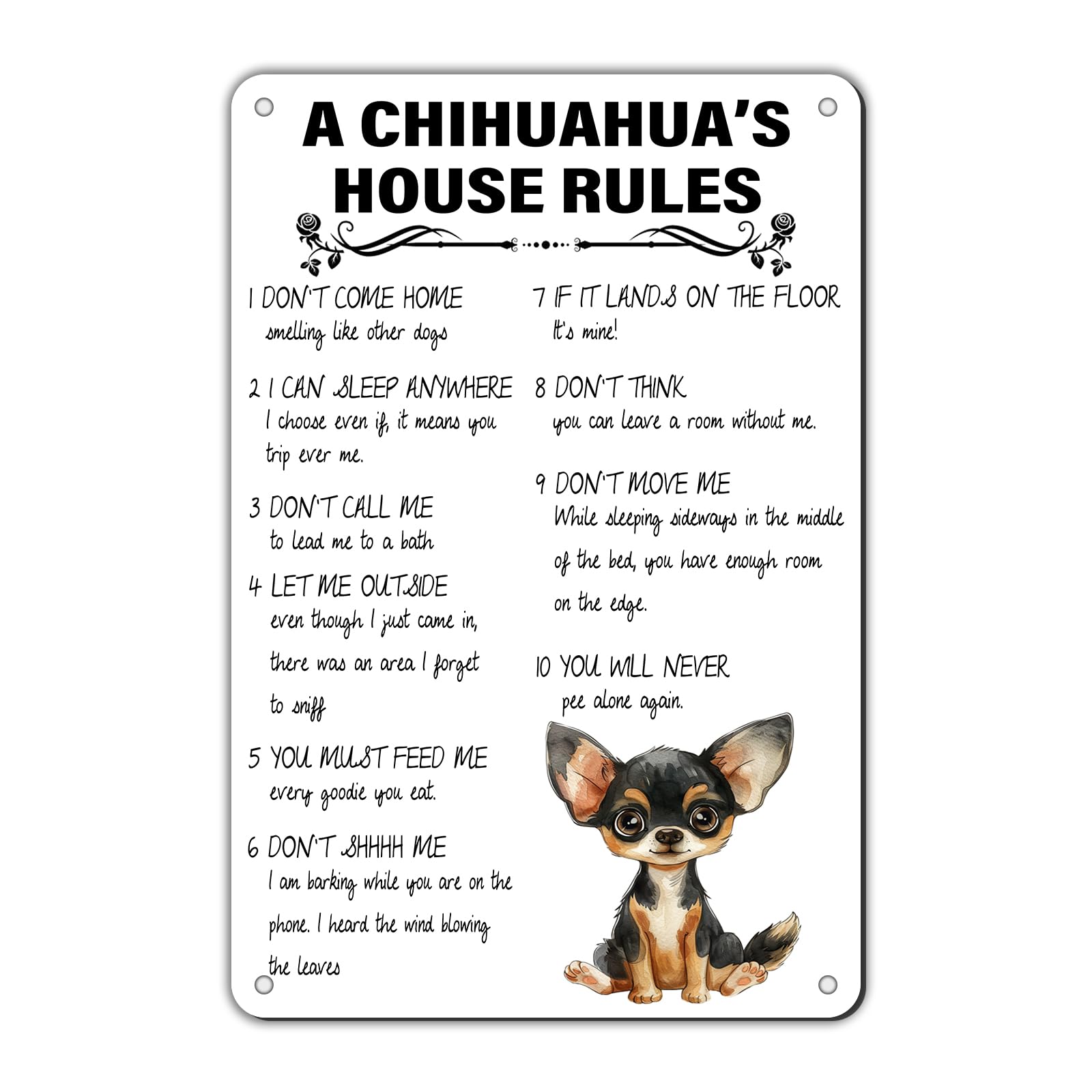 Anceky Vintage A Chihuahua‘s House Rules Tin Sign Retro Metal Sign Wall Decor for Farmhouse Yard Garden Outdoor Indoor 12×16 Inch