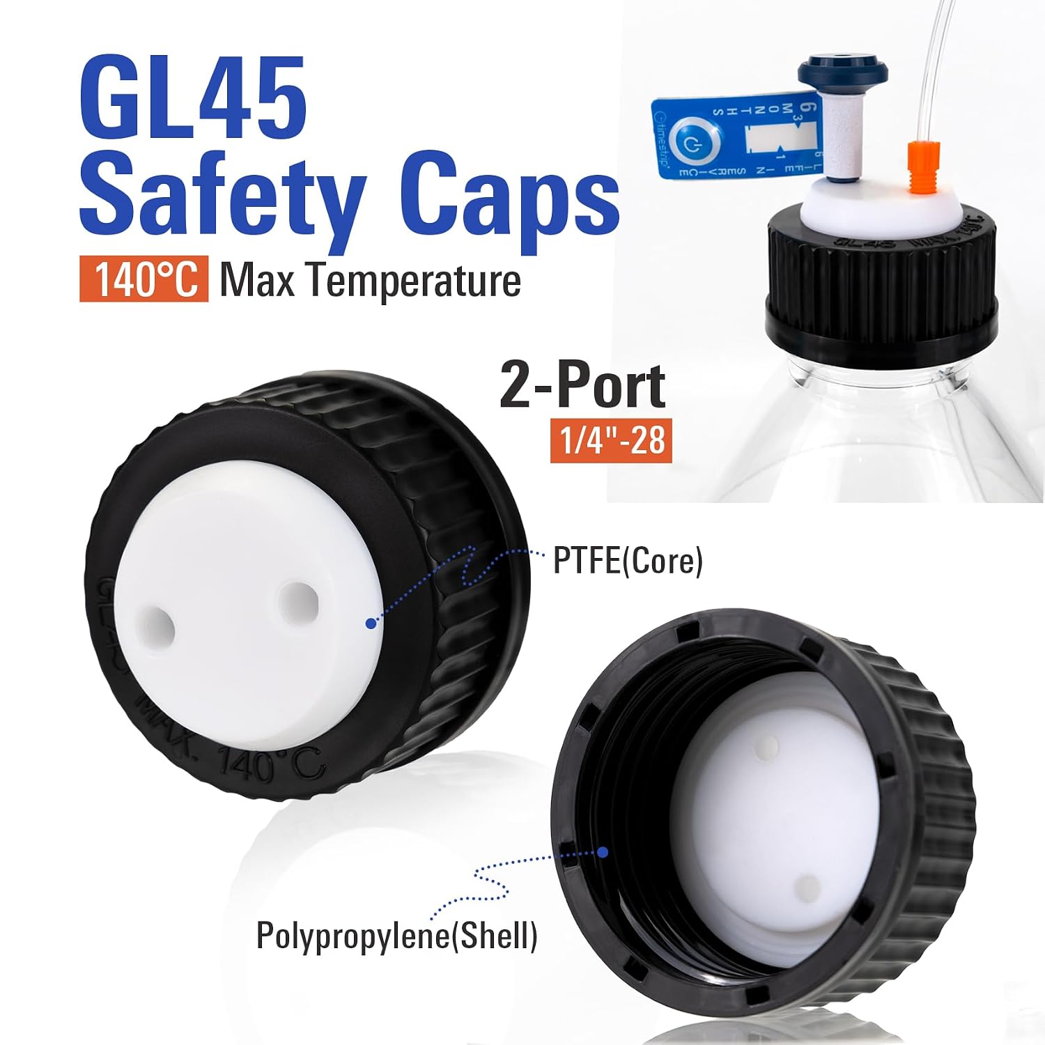 ALWSCI Lab Black Safety GL45 HPLC Safety Cap with 2 Ports,fit on Laboratory Bottles