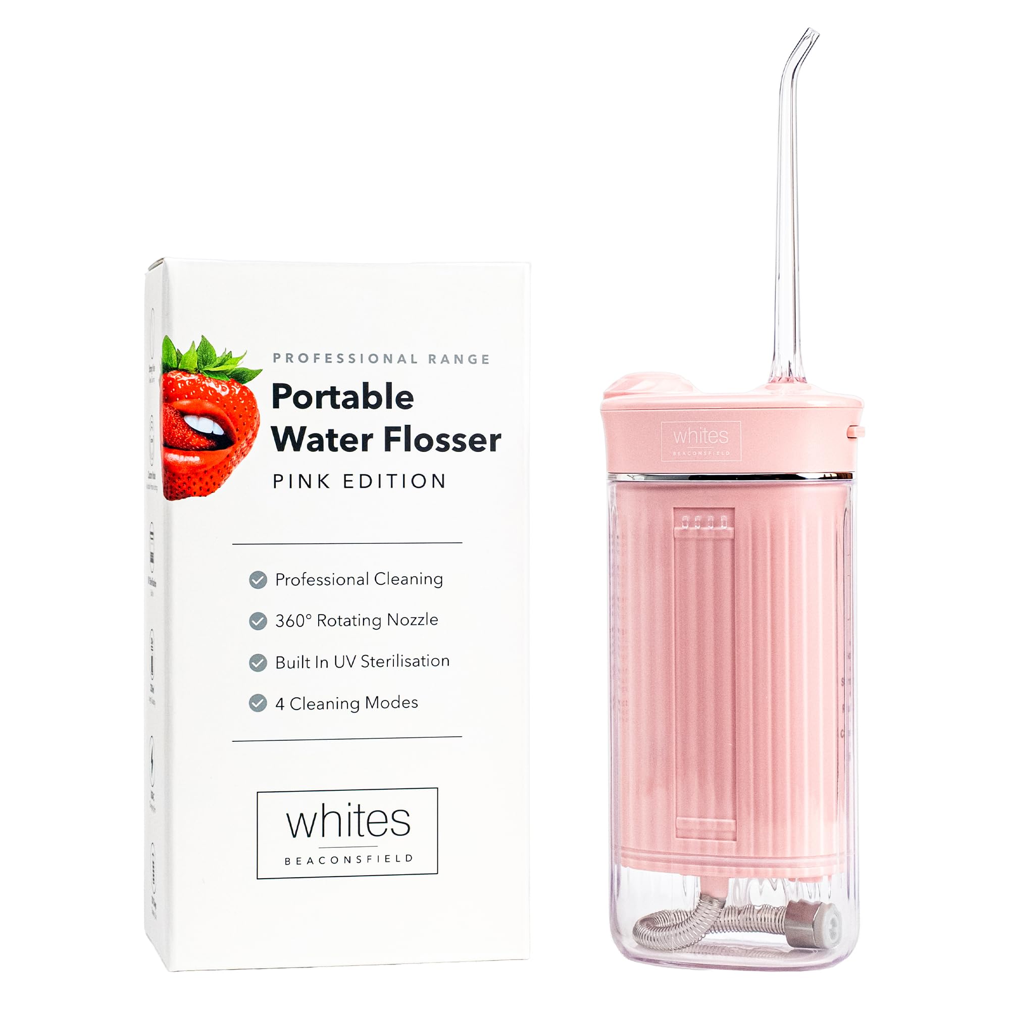 Whites Beaconsfield Irrigador Bucal Portátil Eléctrico 230 ml(Rosa) - Irrigador Dental Portátil con Modos Ajustables - Irrigador Oral para Dientes y Encías, Ideal para Viaje y Hogar - recargable