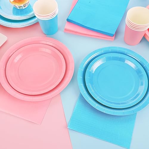 Miniatura 2 de 200 piezas de decoración de fiesta de revelación de bebé, platos rosa y azul, servilletas y tazas para revelación de género, sirve para 50 personas,