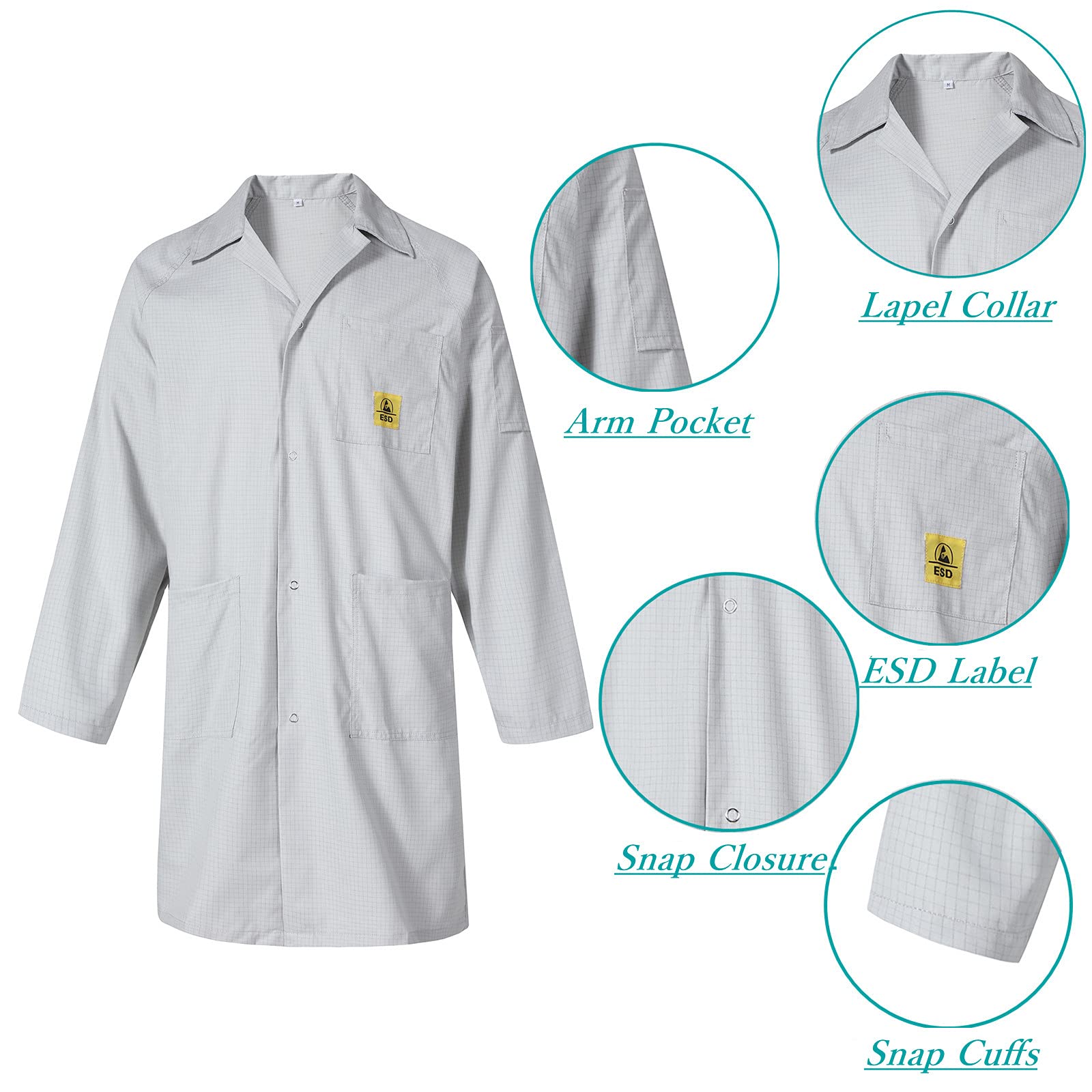 ESD Anti Static Lab Coat Lapel Collar Medical Jacket Smock Gown Non-Stretch Work Uniform for Men Women Gray