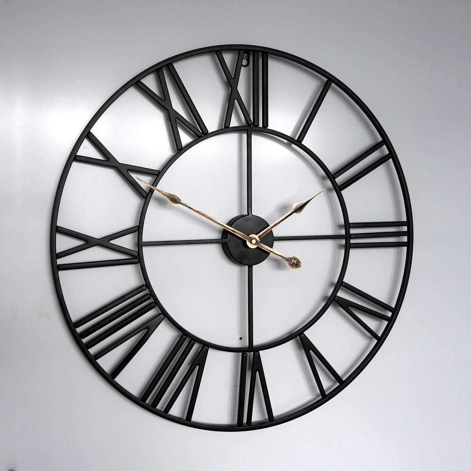 Large Wall Clock, 24" Round Oversized Ancient Roman Numeral Style Home Décor Analog Metal Clock-Indoor Silent Battery Operated Metal Country Farmhouse Decorative Wall Clock for Home(Black &Gold)