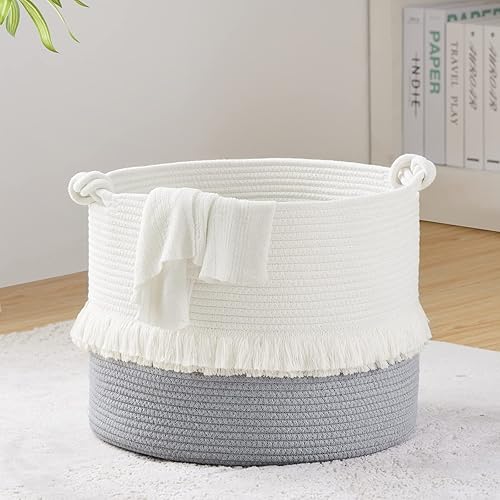 YOUDENOVA Cesta de almacenamiento de cuerda tejida mediana, canasta bohemia con borlas para cuarto del bebé, niñas y niños, cesta decorativa con