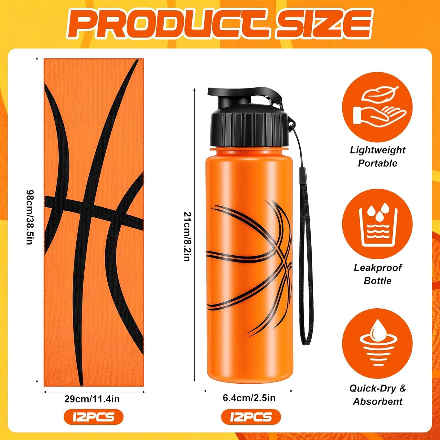 Olgaa 24 Pcs Sport Party Favors 12 Pcs Reusable Basketball Water Bottle Bulk 20 oz 12 Pcs Soft Cooling Towels Sports Accessories for Party Favor Players Lovers Team Gifts (Basketball)