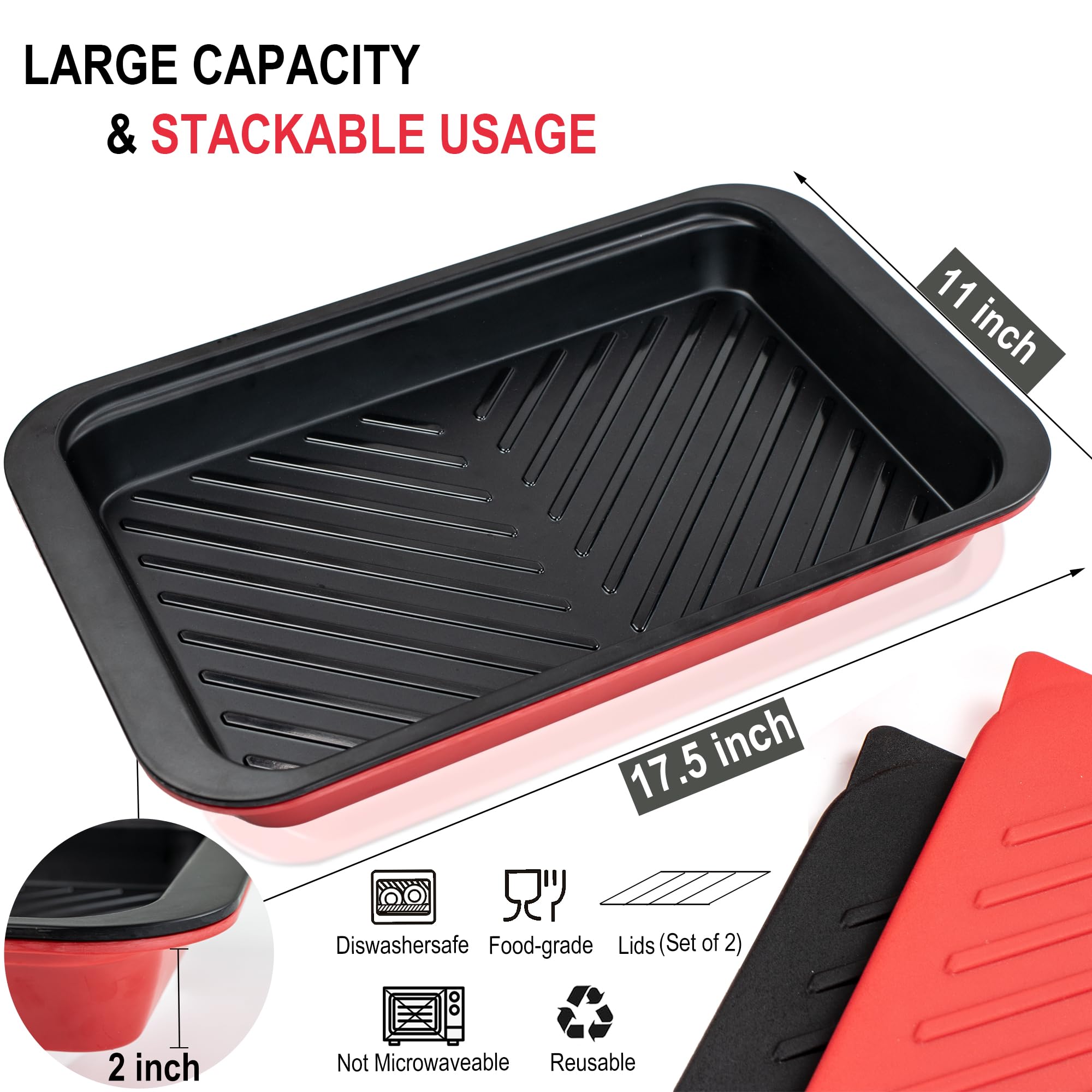 Czlizdyt Bandejas para preparar y servir a la parrilla profunda con tapa, bandeja de barbacoa para marinar alimentos crudos y cocidos, bandejas anidables aptas para lavavajillas, color negro en rojo