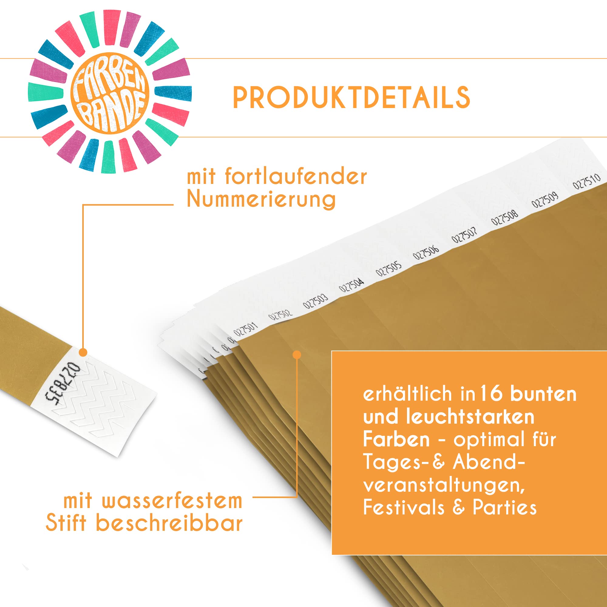 Farbenbande® Braccialetti Ingresso Tyvek 19mm - 1000 Pezzi Numerati, Resistenti E Impermeabili Per Feste E Festival - 2