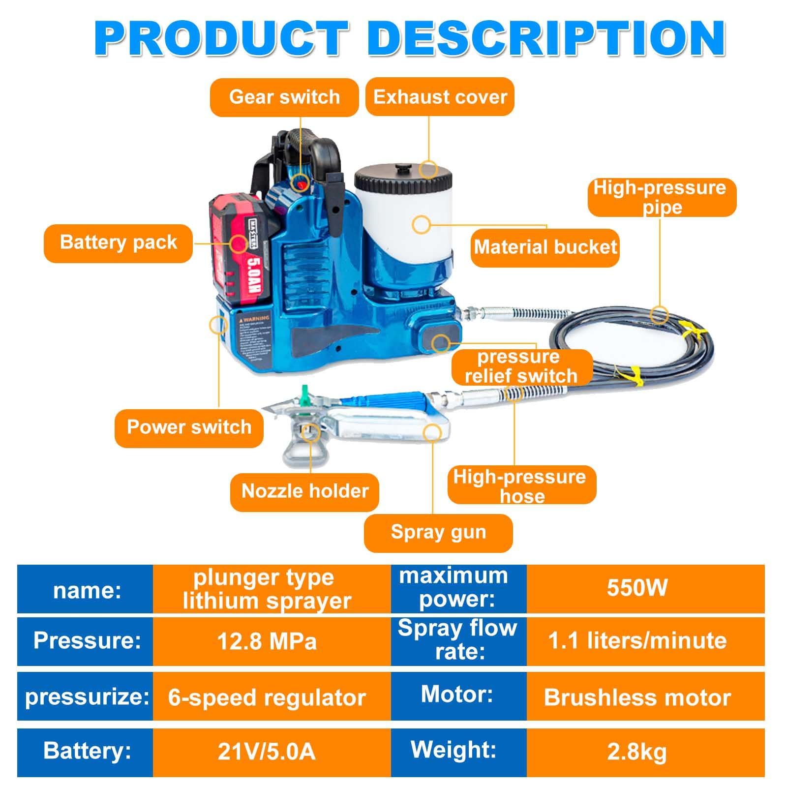 Pulverizador sin aire de alta presión, caudal de 1,1 litros/minuto, 6 ajustes de velocidad, compatible con baterías de 21 V, equipado con una manguera ajustable de 70 pulgadas, capaz de rociar a alta