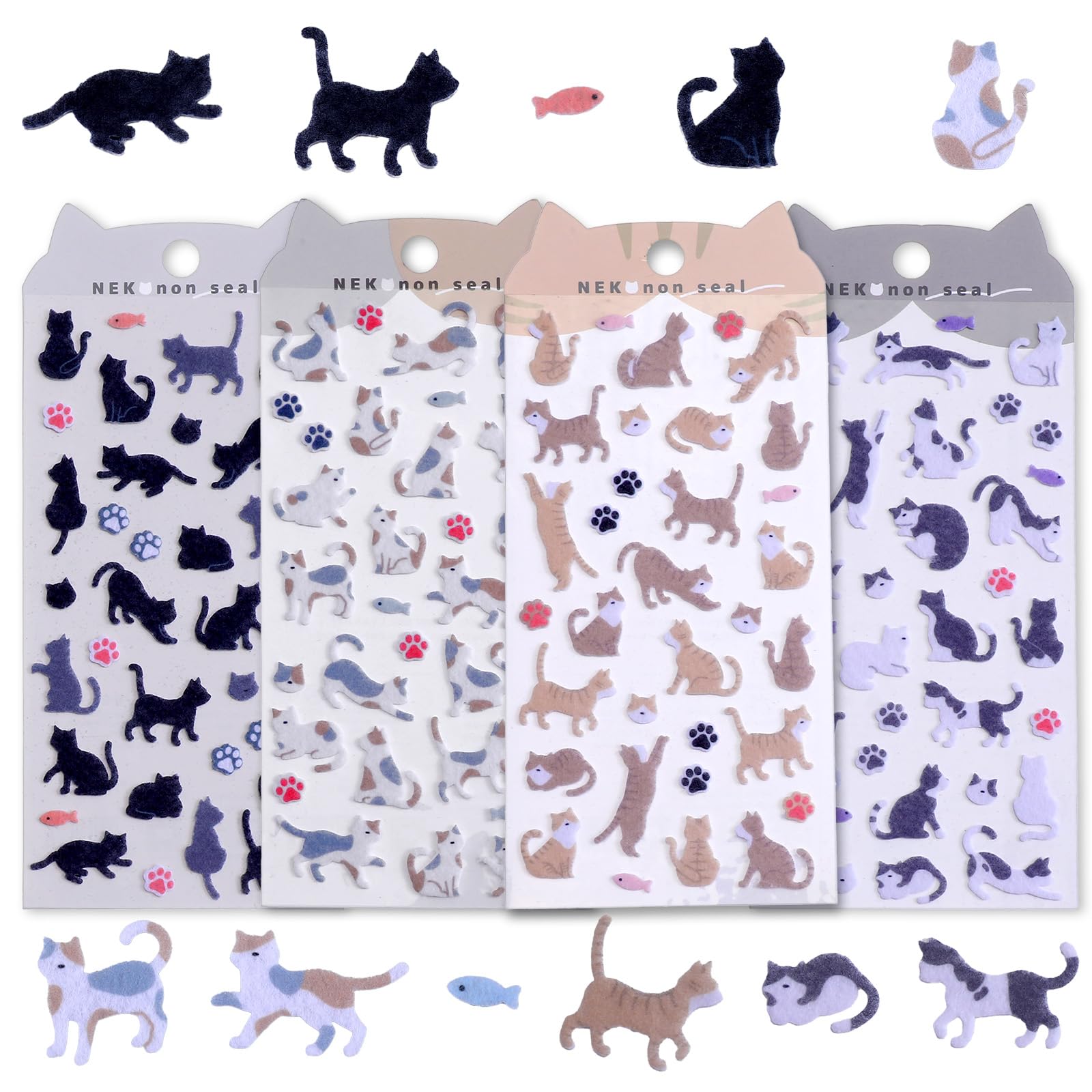 Ymapinc 4 Sheets Cute Cat Felt Stickers for Scrapbooking - Japanese Kawaii Design Cat Paws Themed Fuzzy Stickers, Gift for Planner Notebook Stationery Bottle Decor