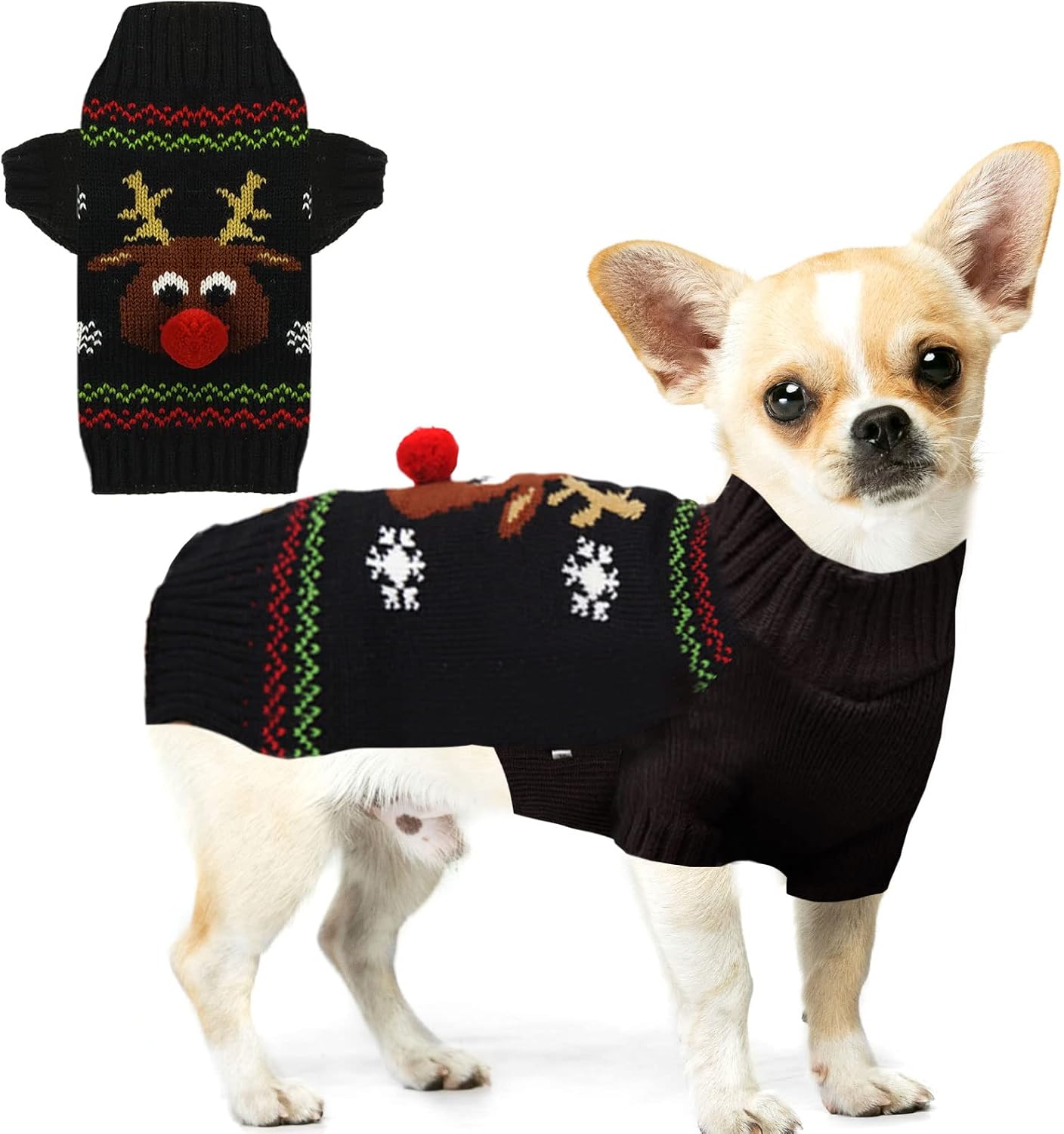 ABRRLO Pet Holiday Reindeer Ugly Christmas Dog Sweater,Red Black Pet Puppy Cat Winter Knitwear Warm Jumper Clothes for Small Medium…