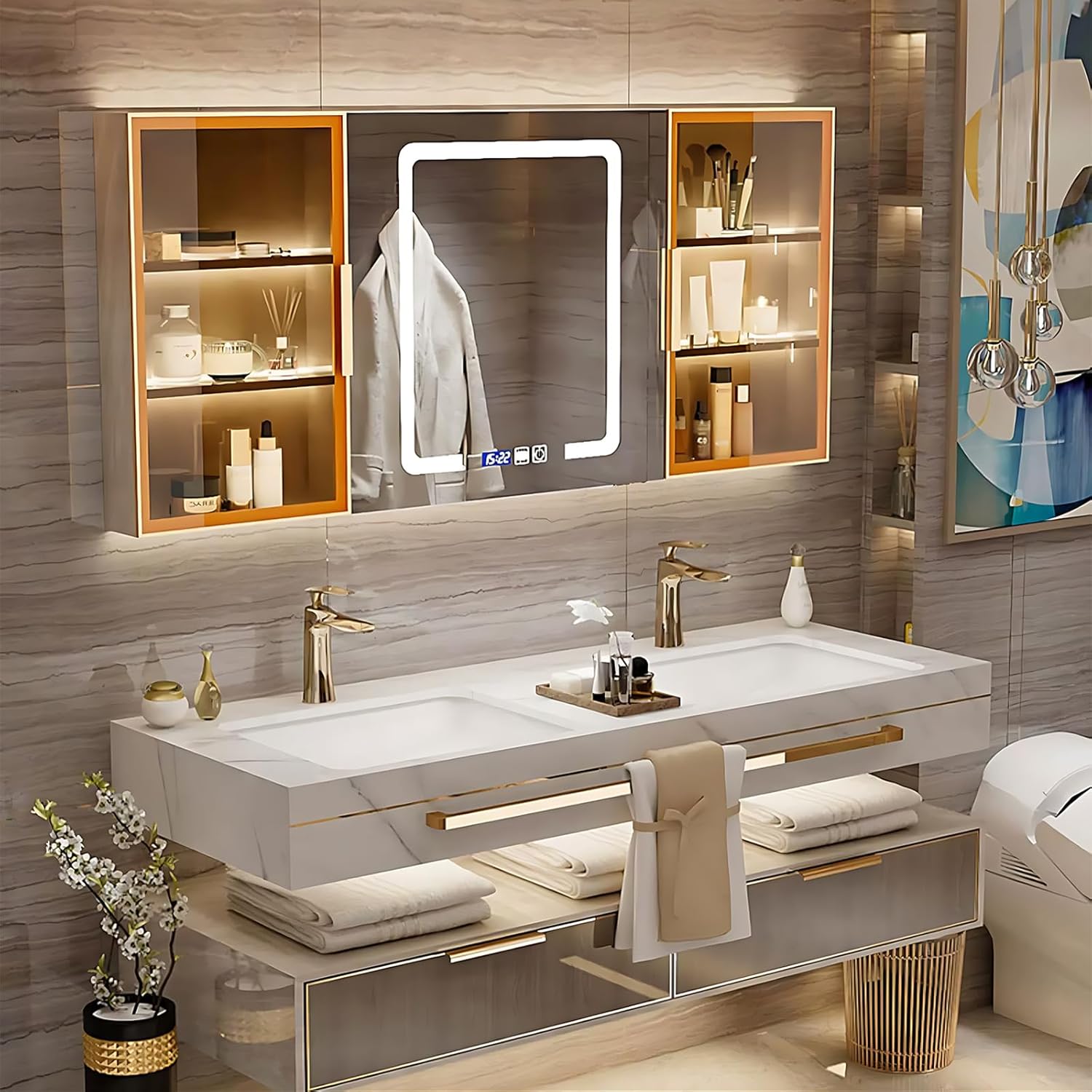 Bathroom Vanity - Double Floating Vanity Cabinet Sink and Glass Multilayer Solid Wood Modern Led Mirror (60IN)