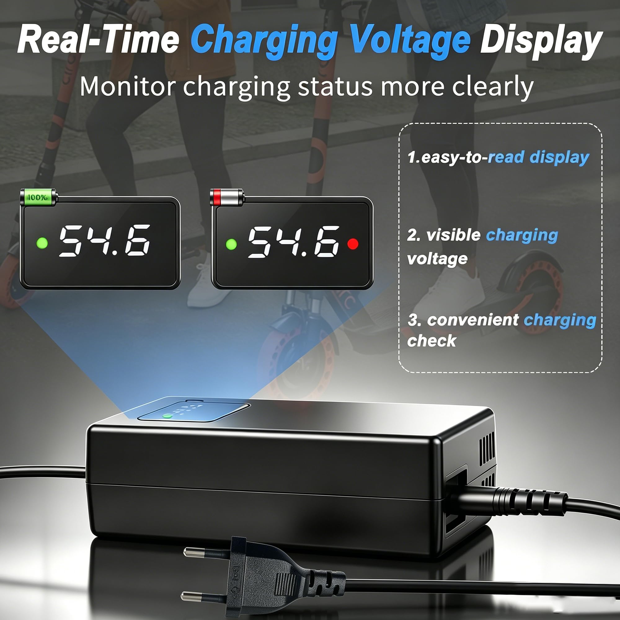 Chargeur 54,6V 2A pour Batterie Lithium 48V de vélo électrique | Affichage tension en temps réel, ventilateur intelligent, protections multiples, connecteur XLR 18mm