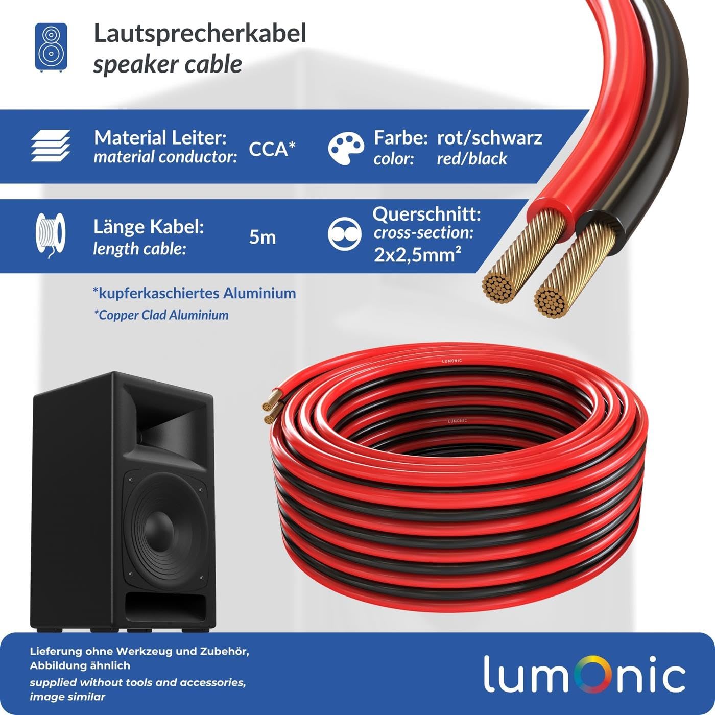 Câble Haut-parleur Jumelé 2x2,5mm² - 100m Rouge/noir - CCA Gainé Cuivre - Pour Installation Home Cinéma Et Hi-fi