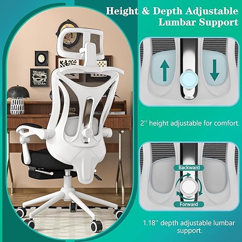 Miniatura 3 de Silla de oficina ergonómica con reposapiés, soporte lumbar ajustable y reposacabezas, silla de computadora reclinable de malla de 90-160, oficina en