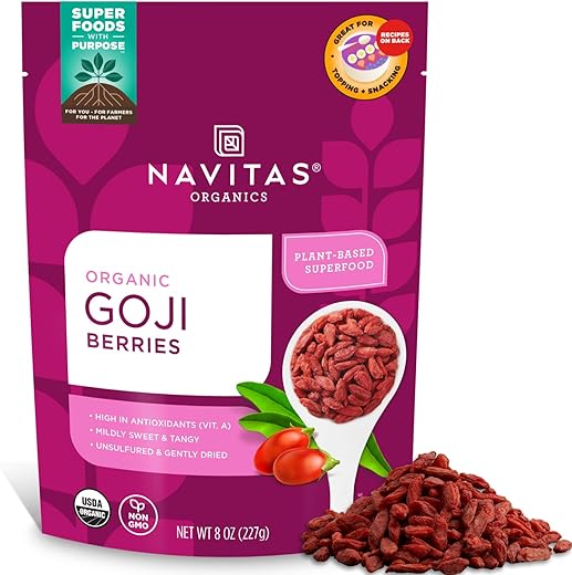 Navitas Organics Goji Berries – For Smoothies, Trail Mix, Baked Goods, Oatmeal & More – Vitamin A, Antioxidants, Fiber – Wolfberry - USDA Organic, Non GMO, Gluten Free, Vegan (8oz. Bag, 8 Servings)