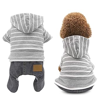 SILD Pet Winter Coat Fleece Lining Stripe Jumpsuit Adorable Dog Hoodies Coat Pet Clothes for Small Medium Larger Dogs (XL, Grey)