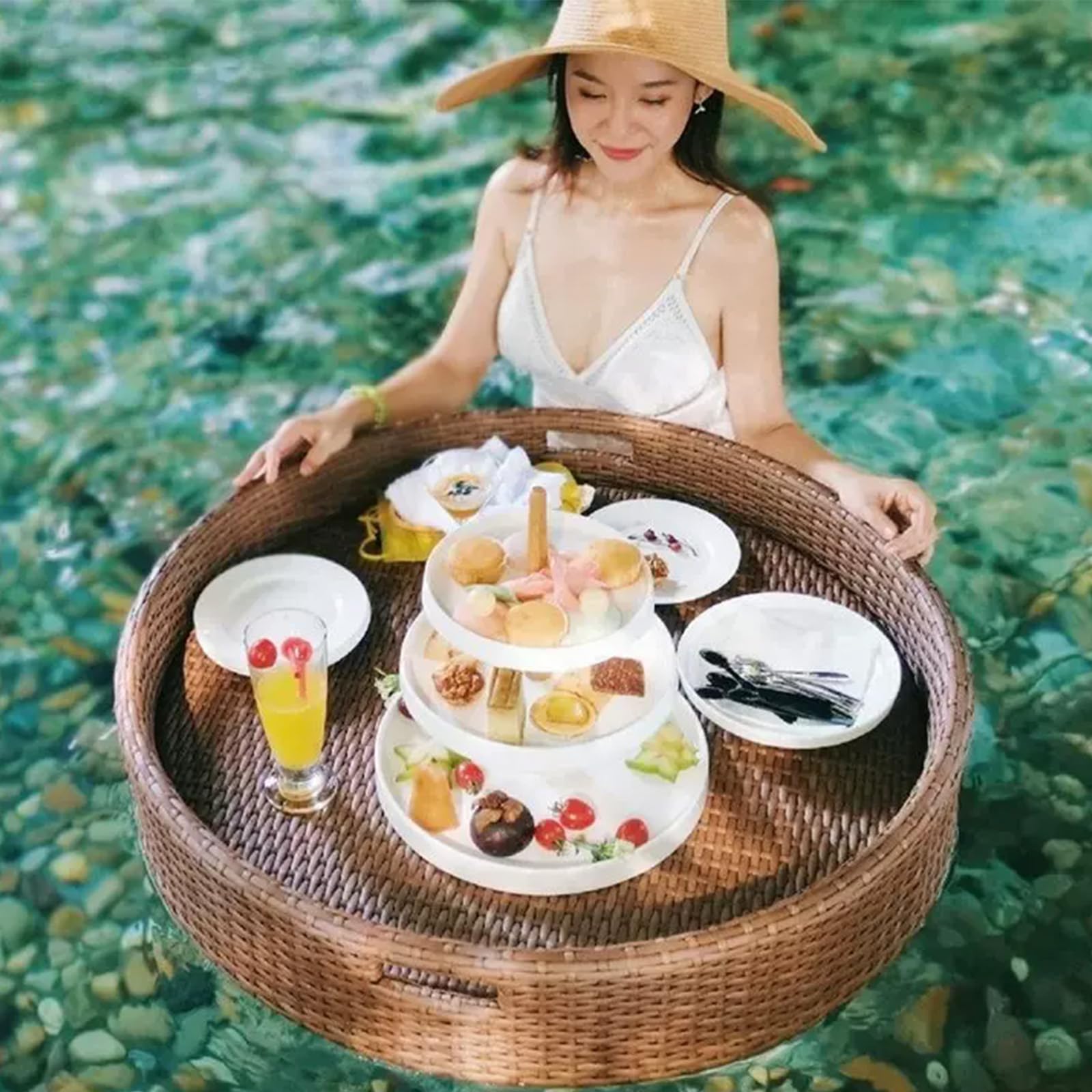 Woven Rattan Serving Tea Tray Floating Breakfast Luxury Breakfast Villa Organizing Pantry(F)