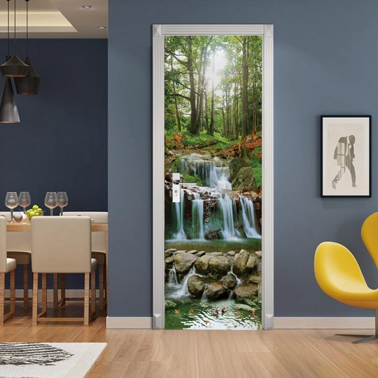 A.Monamour Pegatinas de Puerta Autoadhesivo 3D Cascada Cascada En El Bosque Con La Luz Del Sol A Través De Los Árboles Paisajes Naturales Vinilo para Puertas Mural PVC Pared Foto Poster 95 x 215 cm