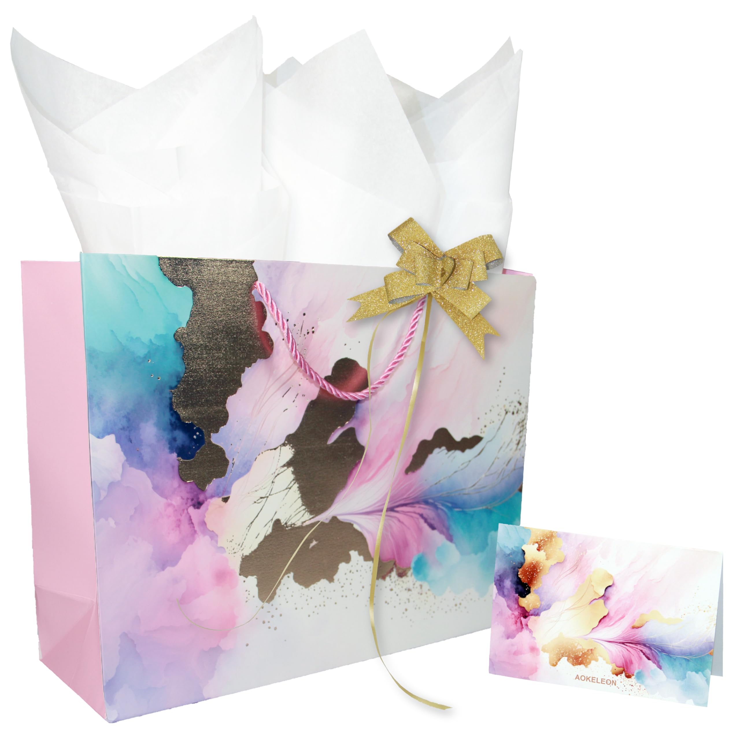 AOKELEON 12.6" Pink & Purple Large Gift Bag Set with Gold Foil, Tissue Paper, Greeting Card, Pull Bow for Women’s Birthday, Mother’s Day, Valentine’s