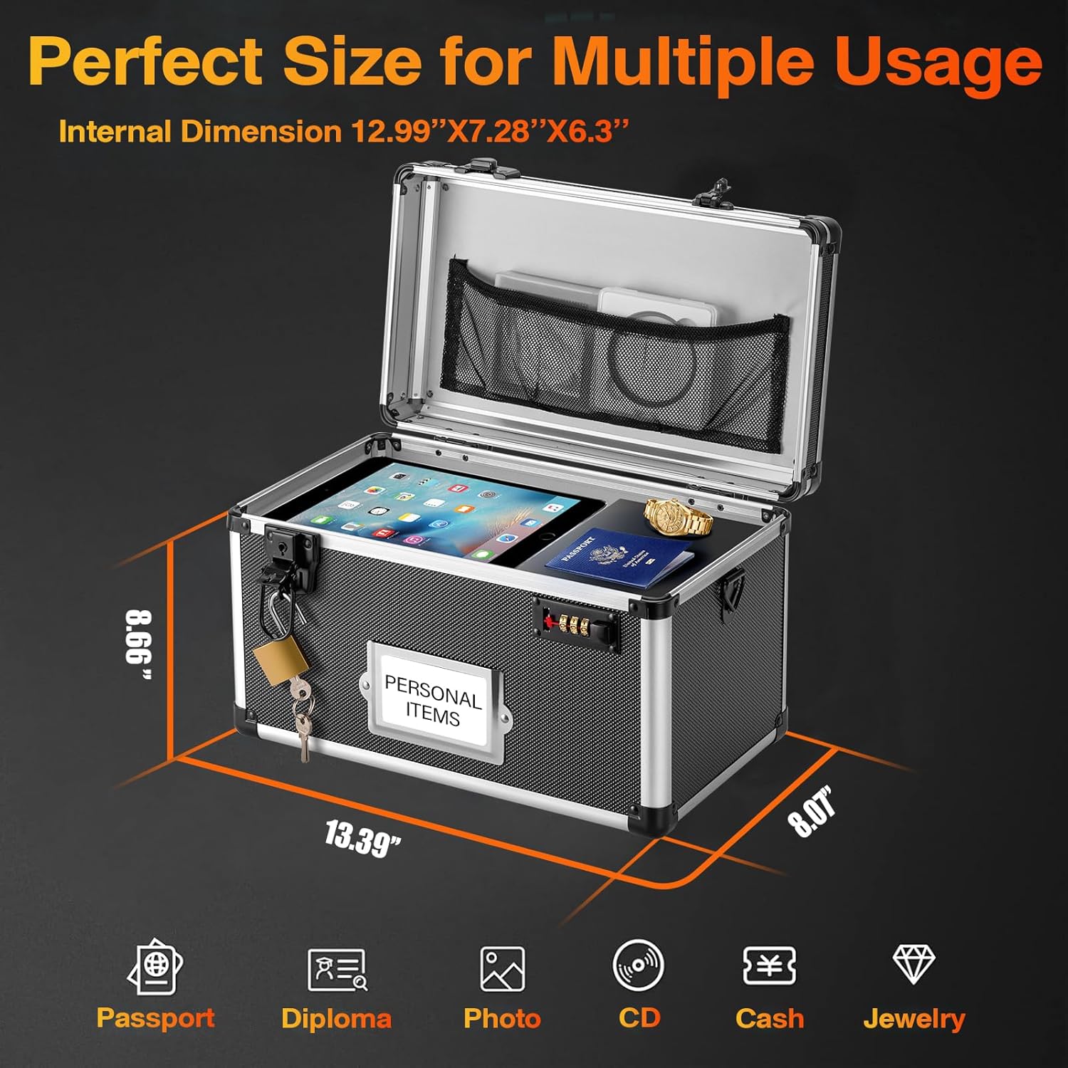 Daul Lock Child-Proof Medicine Box | Portable Medication Storage for Home & Travel - Secure Organizer for Pills, Vitamins, Prescriptions (Elderly, Family, Professionals) 13.4x7.5x8.3 Inch, Black