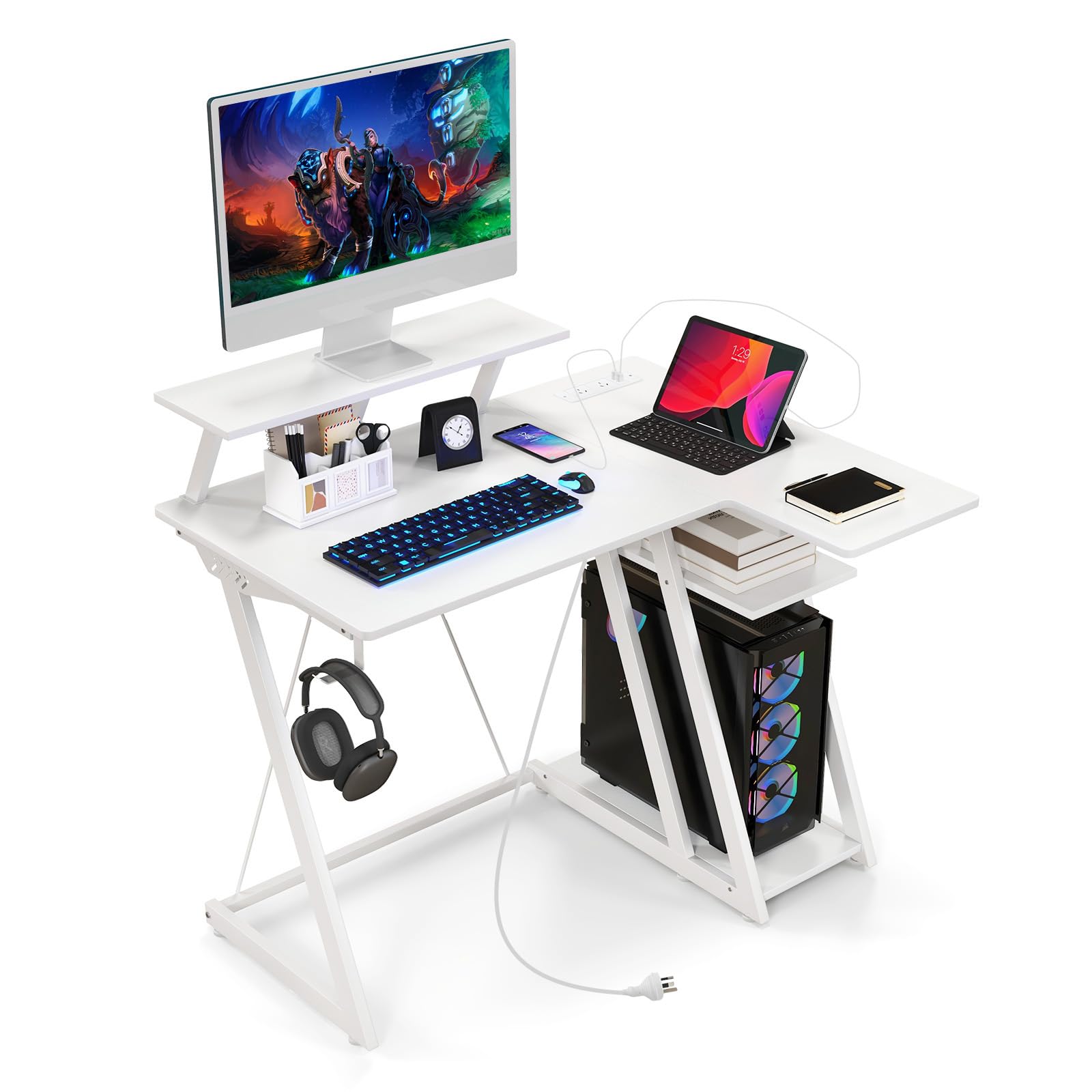 Giantex L Shaped Gaming Desk with Outlets & USB Ports, Small Computer Desk with Monitor Shelf, Headphone Hook, Storage Shelf & Host Stand, Corner