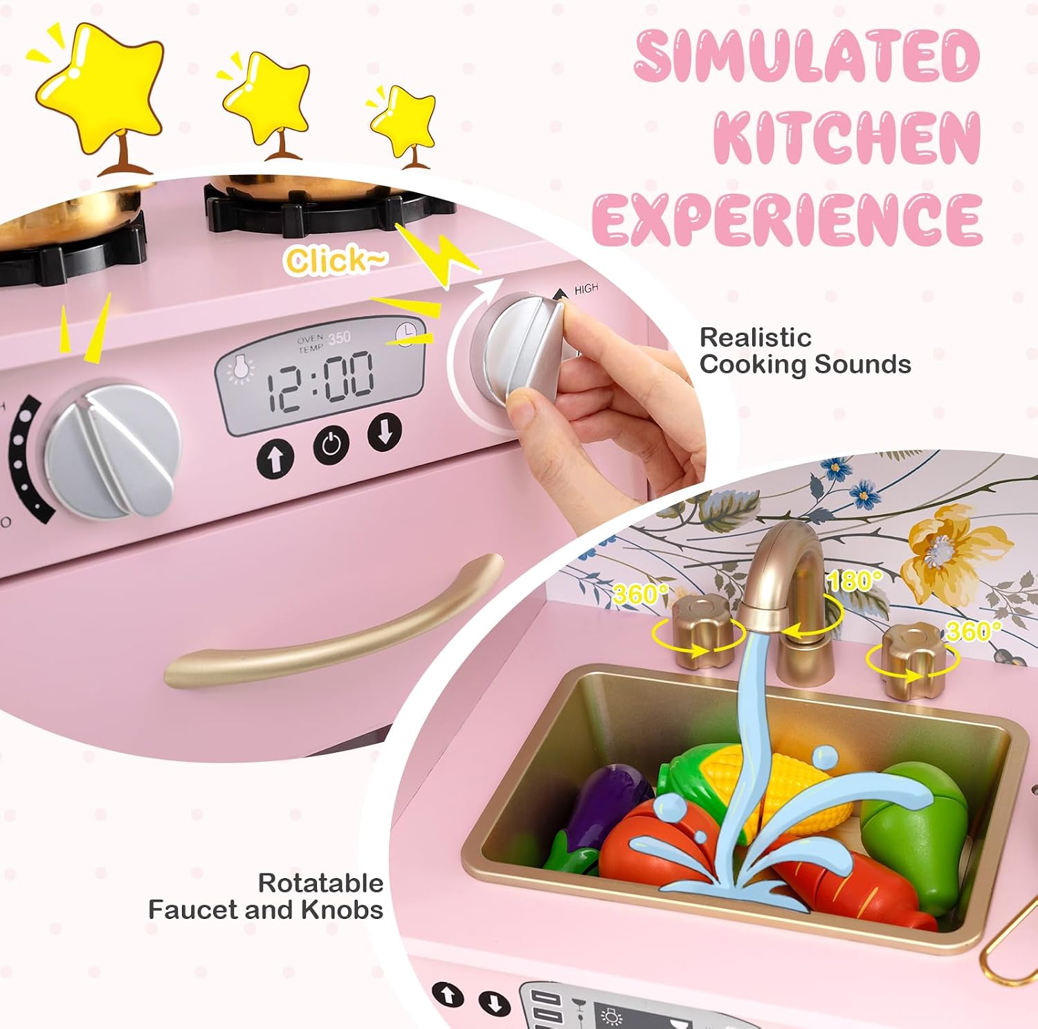 KOTEK Kids Kitchen Playset, Little Chef Pretend Toy Kitchen Set with Stove & Sink, Multiple Play Features with Accessories & Storage, Wooden Play Kitchen for Toddlers Boys Girls 3+, Pink Floral