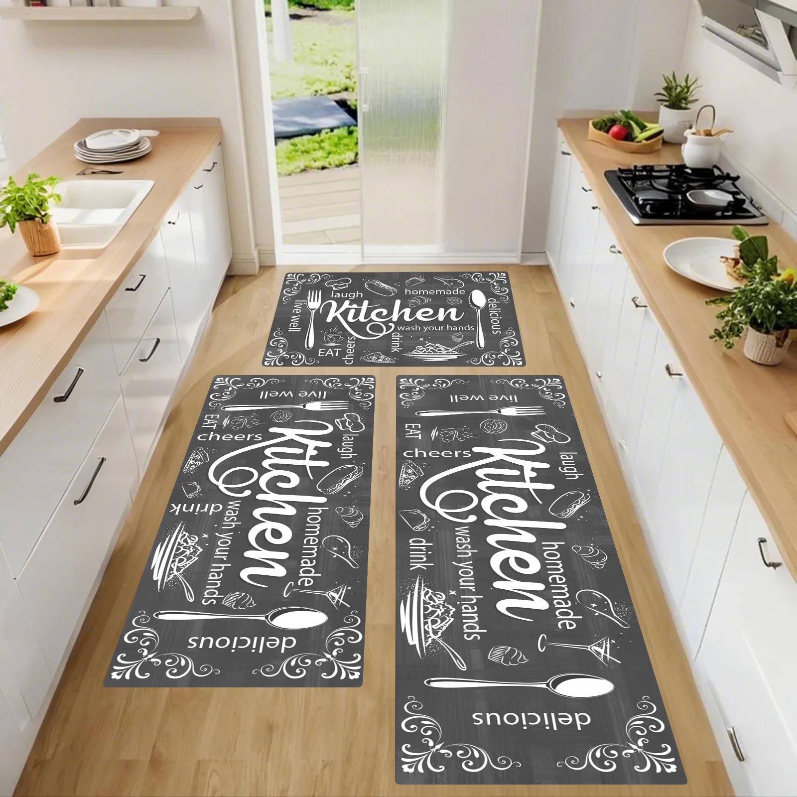 3-Pack Non-Slip Kitchen Rugs - Grey Farmhouse Cushioned Mats, Washable & Stain Resistant Kitchen Mats for Floors, Laundry, Bathroom, Entryway