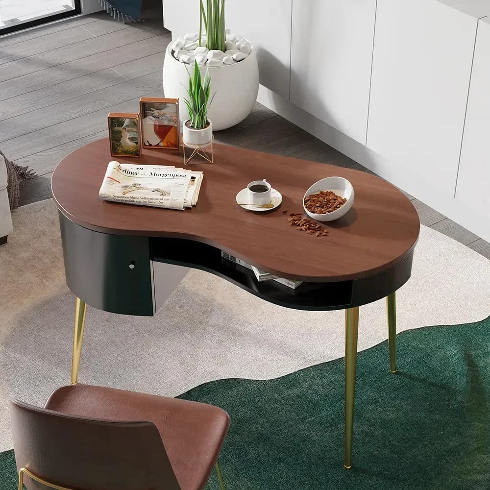 NG Decor,Black Mid Century Modern Curved Office Desk, Solid Wood