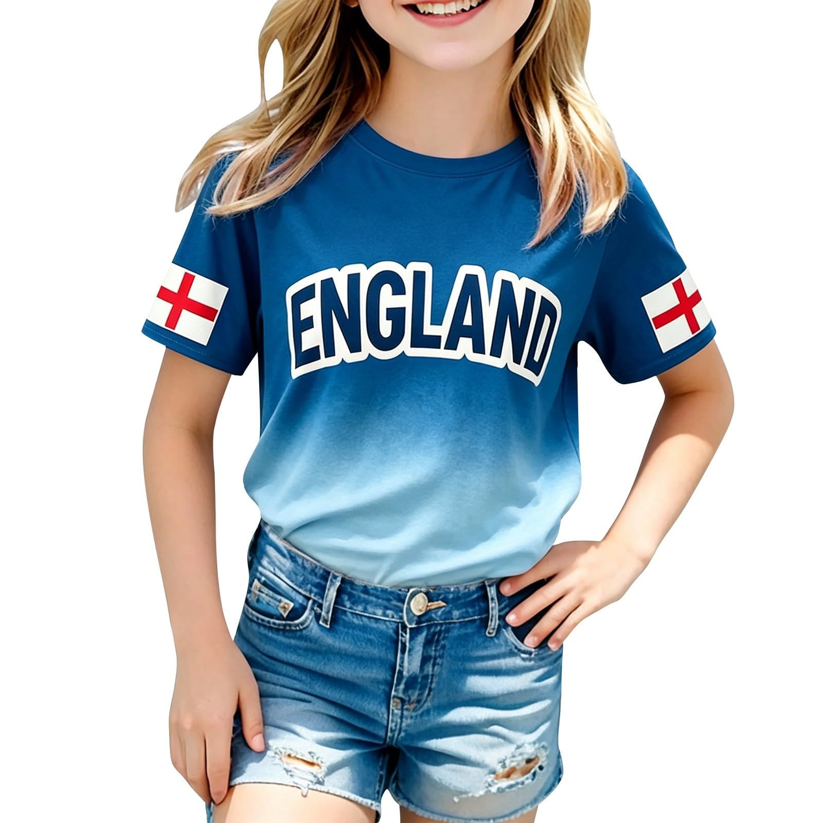 England Football Shirt Kids Boys Girls Jerseys Breathable Short Sleeve England Flag Graphic Tee Retro Crew Neck Outdoor Training Sports Tops (Blue, 10-11 Years)