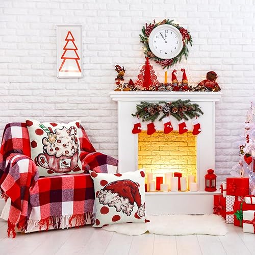 Miniatura 6 de 4 fundas de almohada rojas de Navidad de 18 x 18 pulgadas, fundas de almohada de invierno con lunares, decoración de lunares, fundas de cojín para
