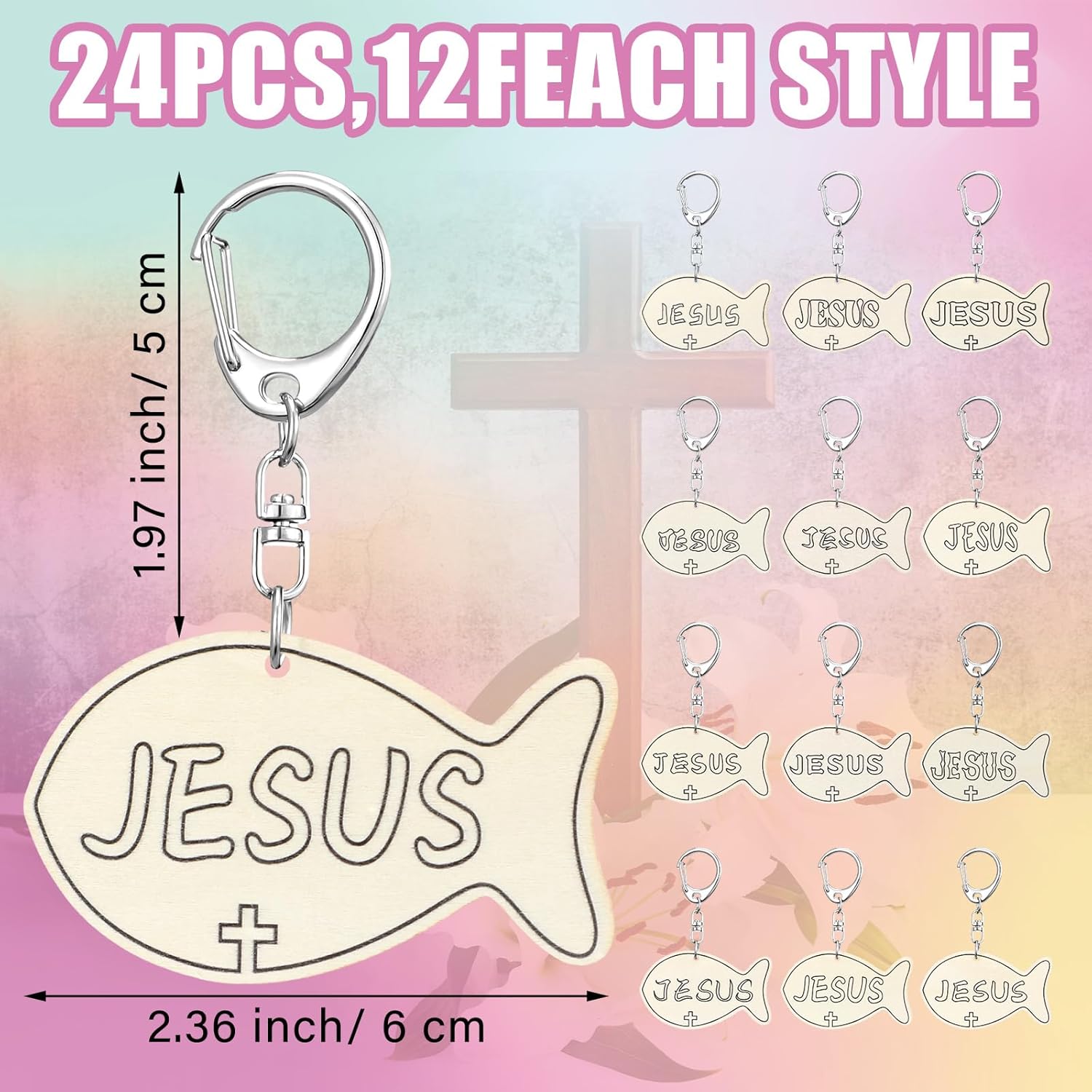 24 Pcs Sunday School Crafts DIY Faith Fish Keychain Religious Easter Wooden Crafts Color Your Own Jesus Fish Keychain Christian Keyrings Craft for Easter Sunday School Vbs Classroom Activities - Image 2