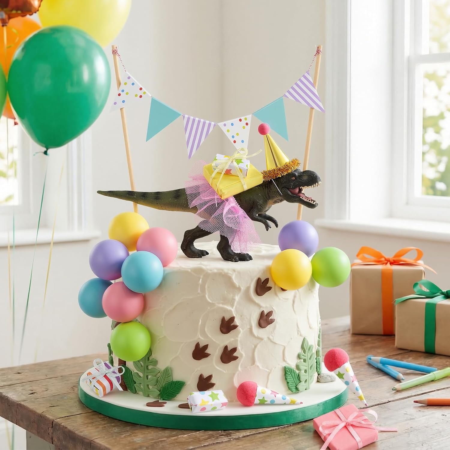 Weysat 19 Pcs Dinosaur Cake Toppers Decorations Set Mini Birthday Hat Skirt Triangle Flag Banner Decor Balls andIce Cream Cone Cake Topper for Dinosaur Theme Birthday Gender Reveal Party Decorations