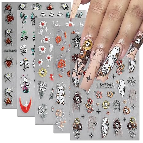 Halloween Nail Art Stickers Decals 5PCS Halloween Cute Ghost Flower Nail Stickers Skull Strawberry Spider Flower Nail Designs 5D Embossed Nail Decals for Acrylic Nails Manicure Decorations