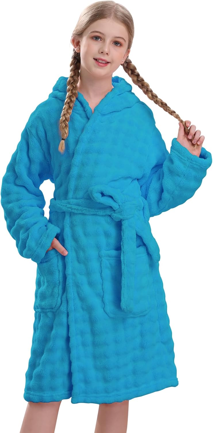 V.&GRIN Girls Hooded Towel Robe, Super Absorbent Quick-Dry Kids Bathrobe for Bath & Pool - Solid Colors Bubble Texture