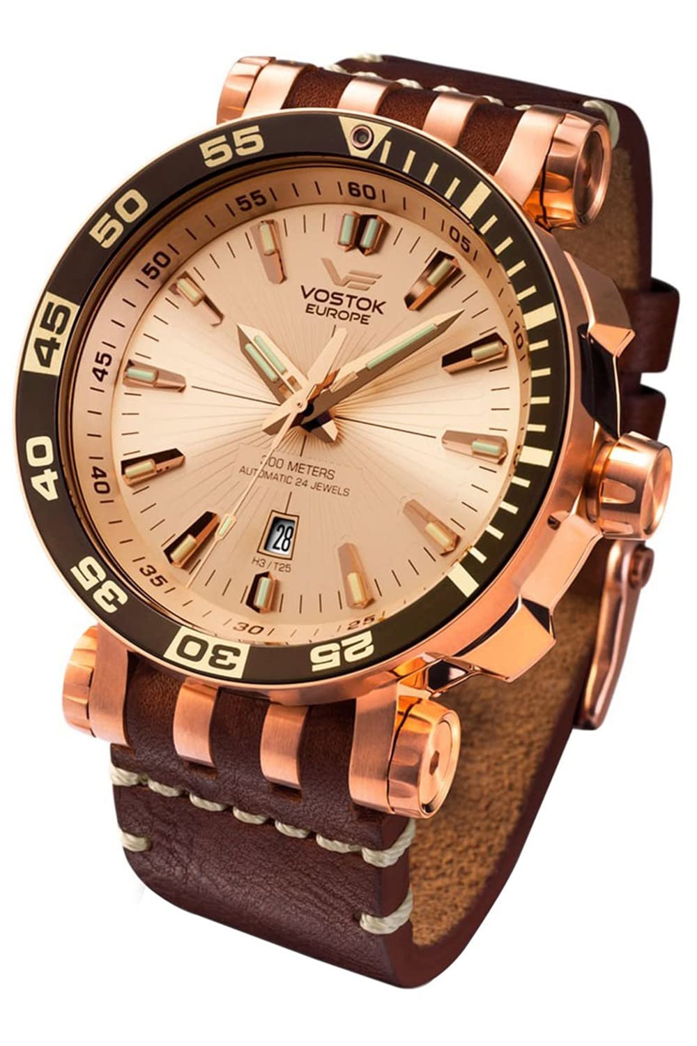 Vostok Europe Automatikuhr XXL Energia Rocket – 48 mm, Herrenuhr mit Lederband, 575B281-L, 18 Trigalights, 30 ATM