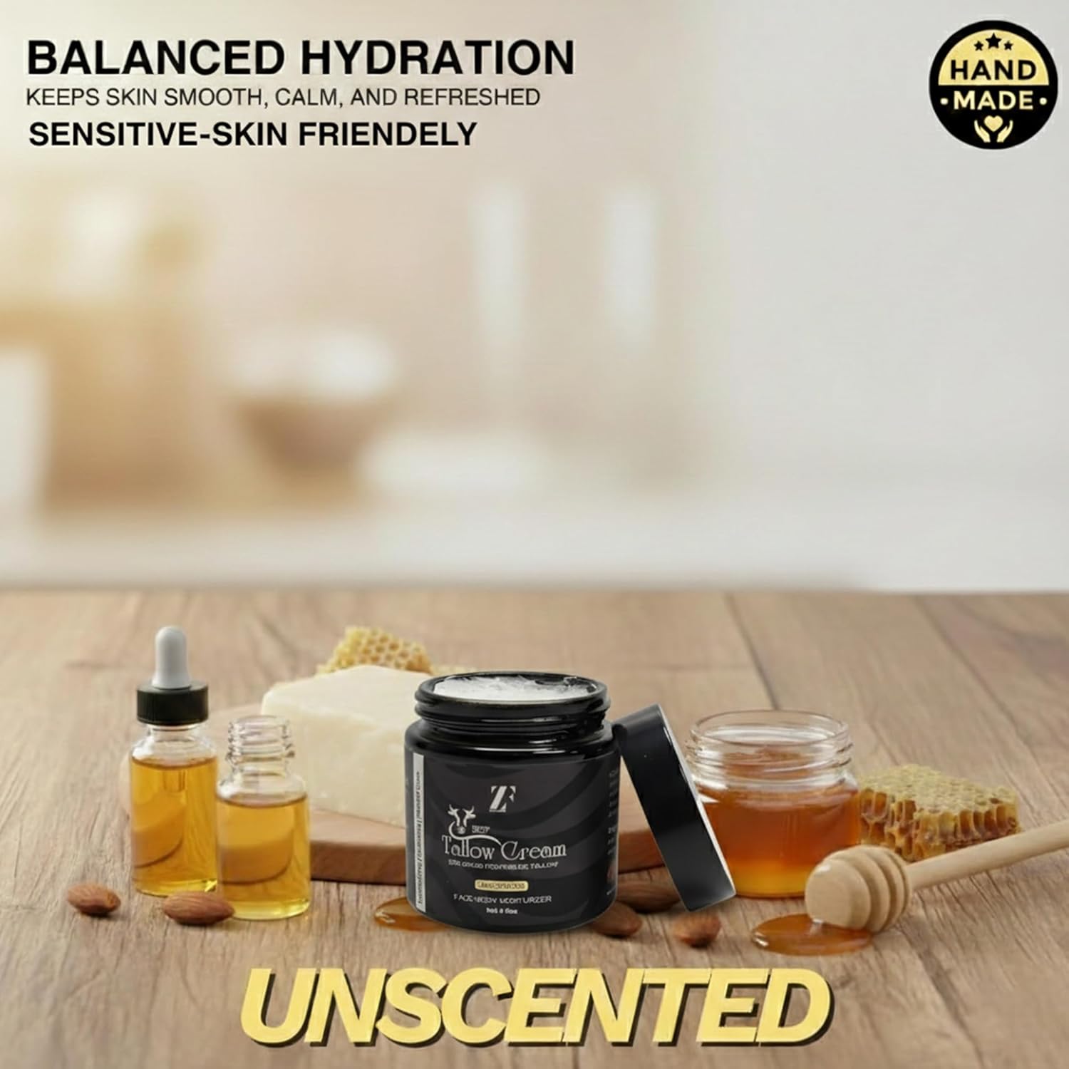 ZF Beef Tallow for Skin & Face 4 oz – Whipped Grass-Fed Beef Tallow Cream with Raw Honey & Jojoba – Moisturizer for Face & Body – Deep Hydration for Dry, Sensitive Skin (Unscented)