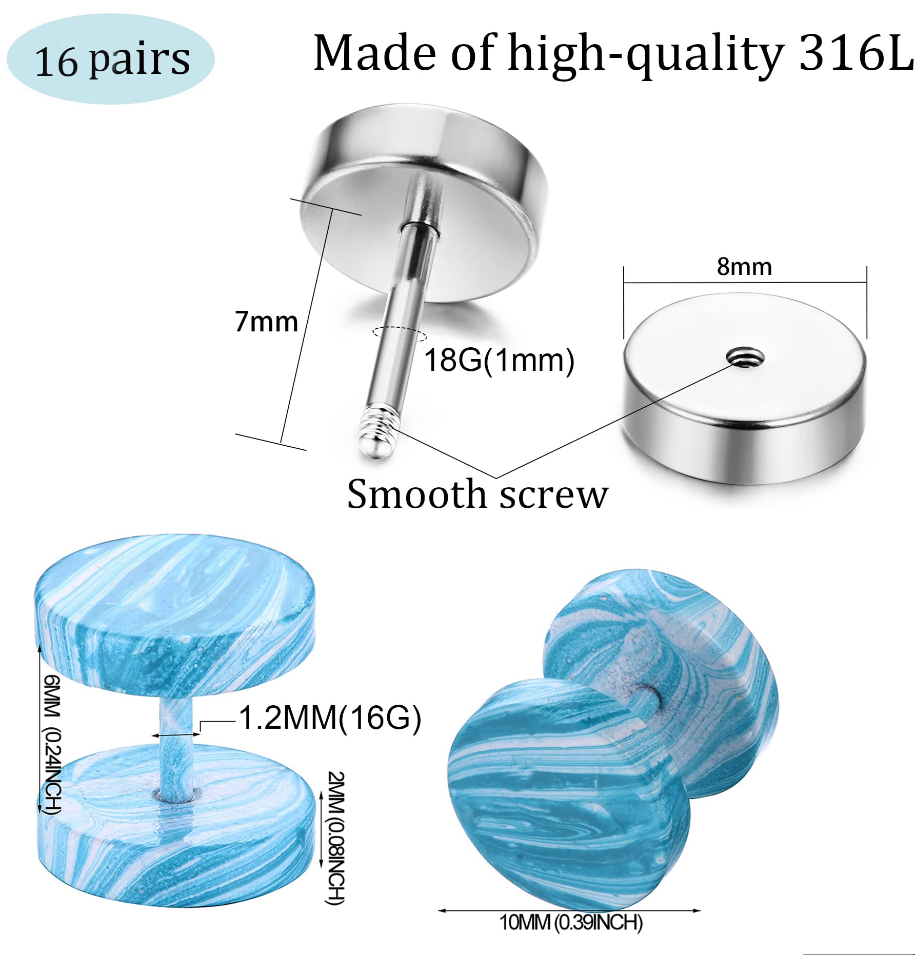FIBO STEEL 16 Pairs Fake Gauge Earrings for Men Women Stainless Steel Stud Earrings Cheater Ear Plug Faux Gauges Earrings Ear Tunnel