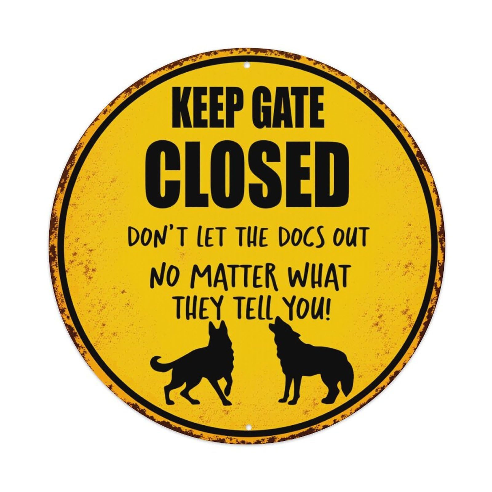 Wmlzdnwr Vintage Keep Gate Closed Dog Warning Sign With Silhouettes Round Tin Sign,Retro Wall Art,Metal Poster For Home, Bar, Garage, Cafe, Rustic Indoor & Outdoor Decor, 8X8 Inches