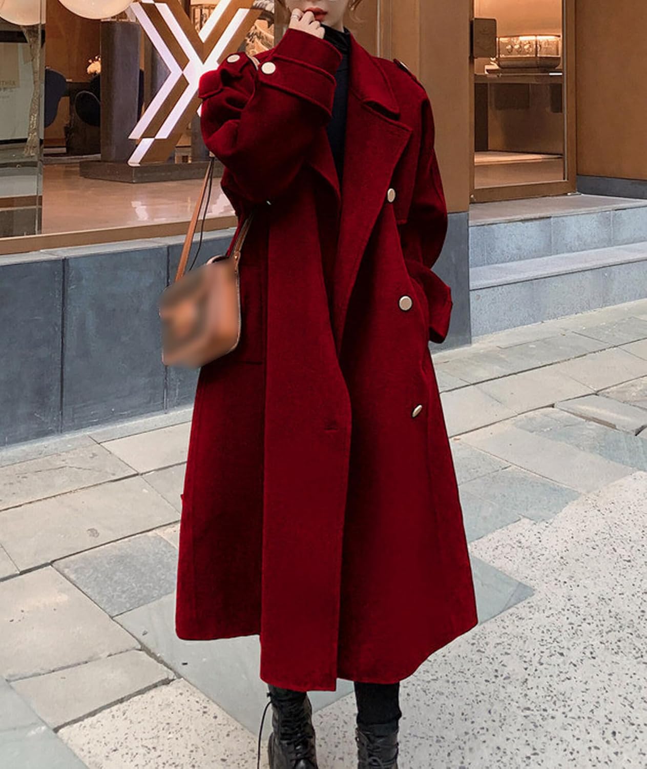 Sexyshine Women's Winter Double Breasted Long Pea Coat Notch Lapel Long Sleeve Wool Blend Trench Coat Overcoat - Image 4